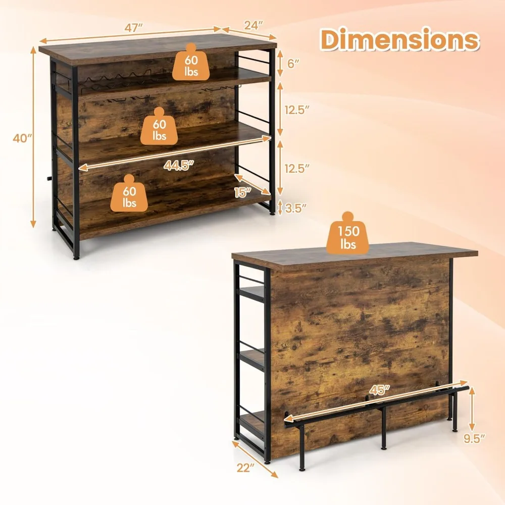 Home Bar, tavolo da bar per liquori a 4 livelli con poggiapiedi, portabottiglie per vino, portabottiglie, portabottiglie, mini cabina da bar ad angolo industriale