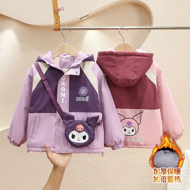 Kuromi Girl Cotton Coat Coat Add Cotton Kuromi New Kawaii Autumn Winter Child Clothing Velvet Thicken Hooded Cartoon Jacket