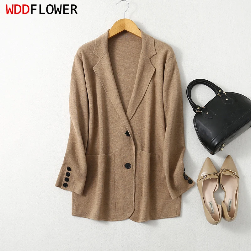 Women Blazer Cashmere Silk Blends Solid Colors Camel Long Sleeve Buttons Down Fashion Jacket Coat  Winter Warm XL XXL LY051