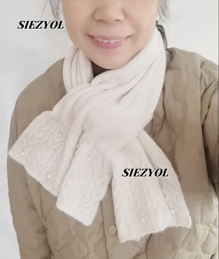 Knitted Scarf Female Pearl Decoration Sweet and Warm Cross Scarf Winter Japanese Simple Neckerchief Versatile Cute Warm Scarves