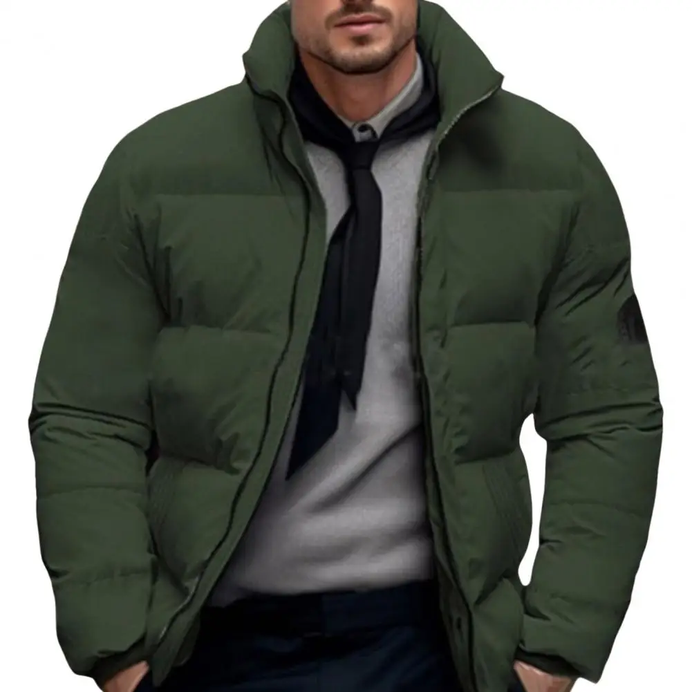 Men Cotton Coat Stand Collar Long Sleeve Zipper Closure Thickened Jacket with Side Pockets Down Cotton Puffer Outwear