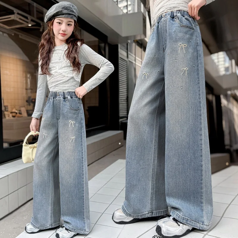 Kids Straight-leg Denim Pants with Bow Embroidery Beaded Grils Casual Wide-Leg Jeans Child Spring Fashion Korean Loose Trousers