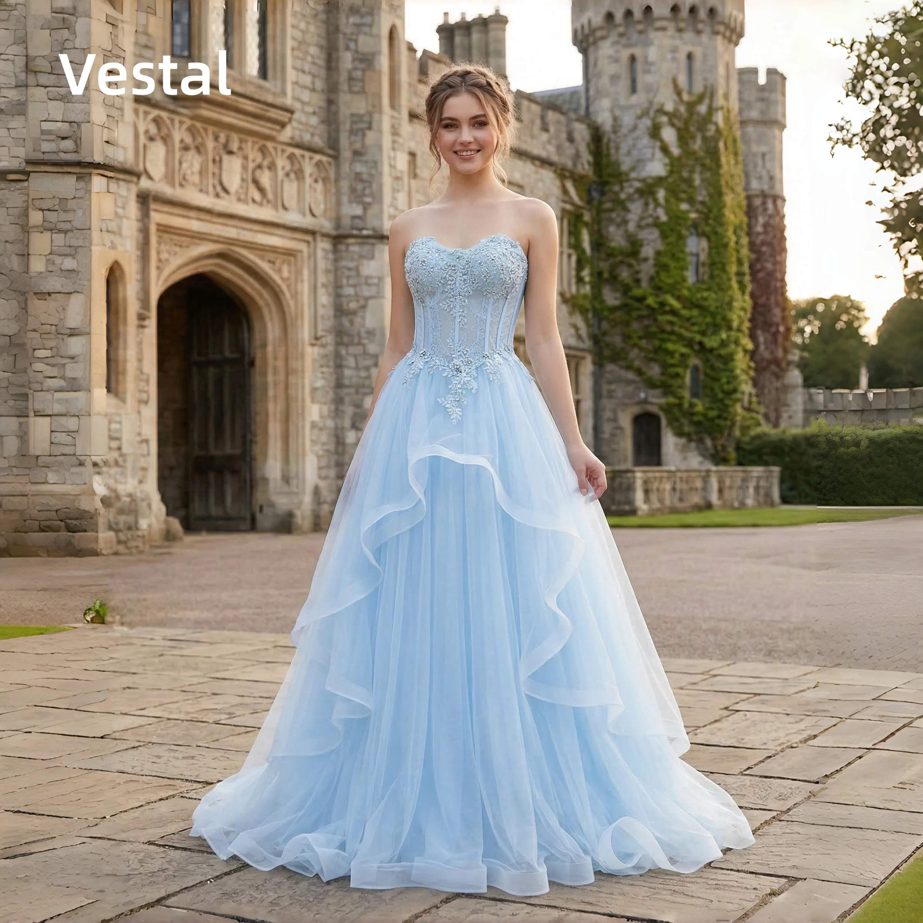 

Strapless Light Blue Lace Applique Prom Dress Flowy Tulle A-Line Evening Formal Gown Customized