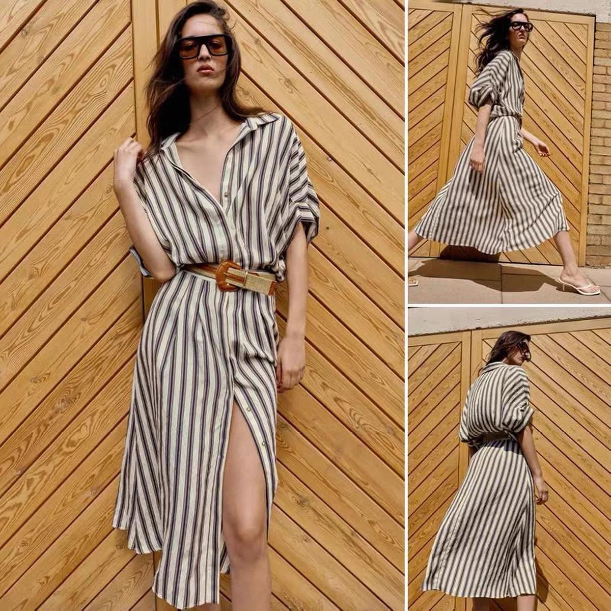 Fashionable Midi Dress with Belt Stripes Women's New Arrival Spring Summer A-Line Skirt Polyester Fiber Short Sleeve Loose Fit