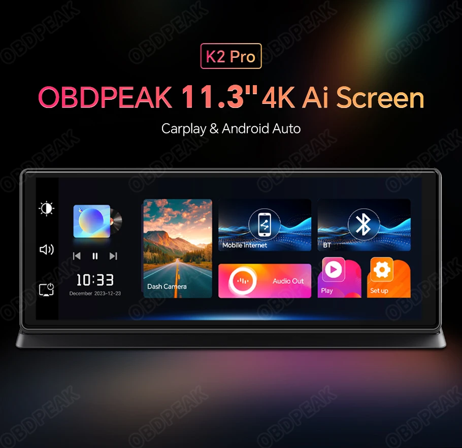 K2 Pro 11.3" Dash Cam 4K 2160P Car DVR Recording Carplay & Android Auto Wireless Connection 5G WiFi GPS Navigation Dashboard
