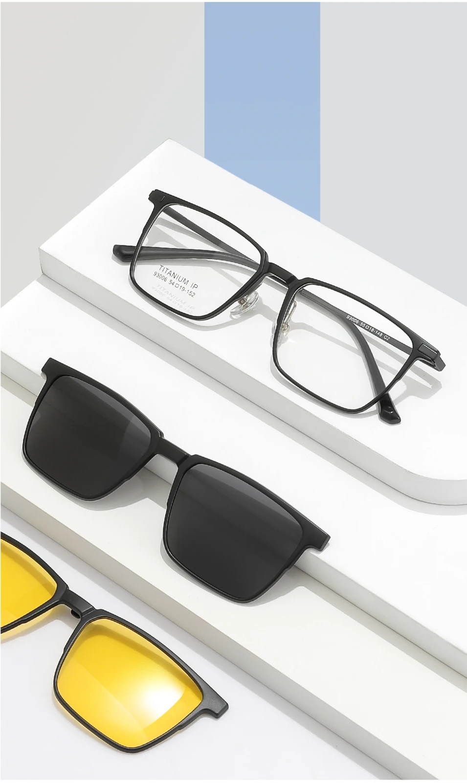 3-in-1-Brillengestell aus reinem Titan mit vollem Rand, quadratisch, für Herren, mit polarisierten Clip-On-Sonnenbrillen und Nachtsicht, Damenbrillen 93006 – Detail 4