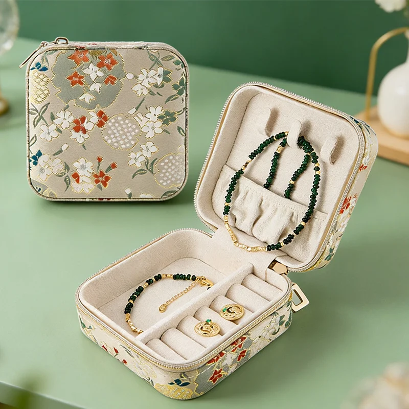 

Retro Jacquard Zipper Jewelry Storage Box Portable Travel Mini Jewelry Organizer Luxury Vintage Earring Necklace Ring Holder