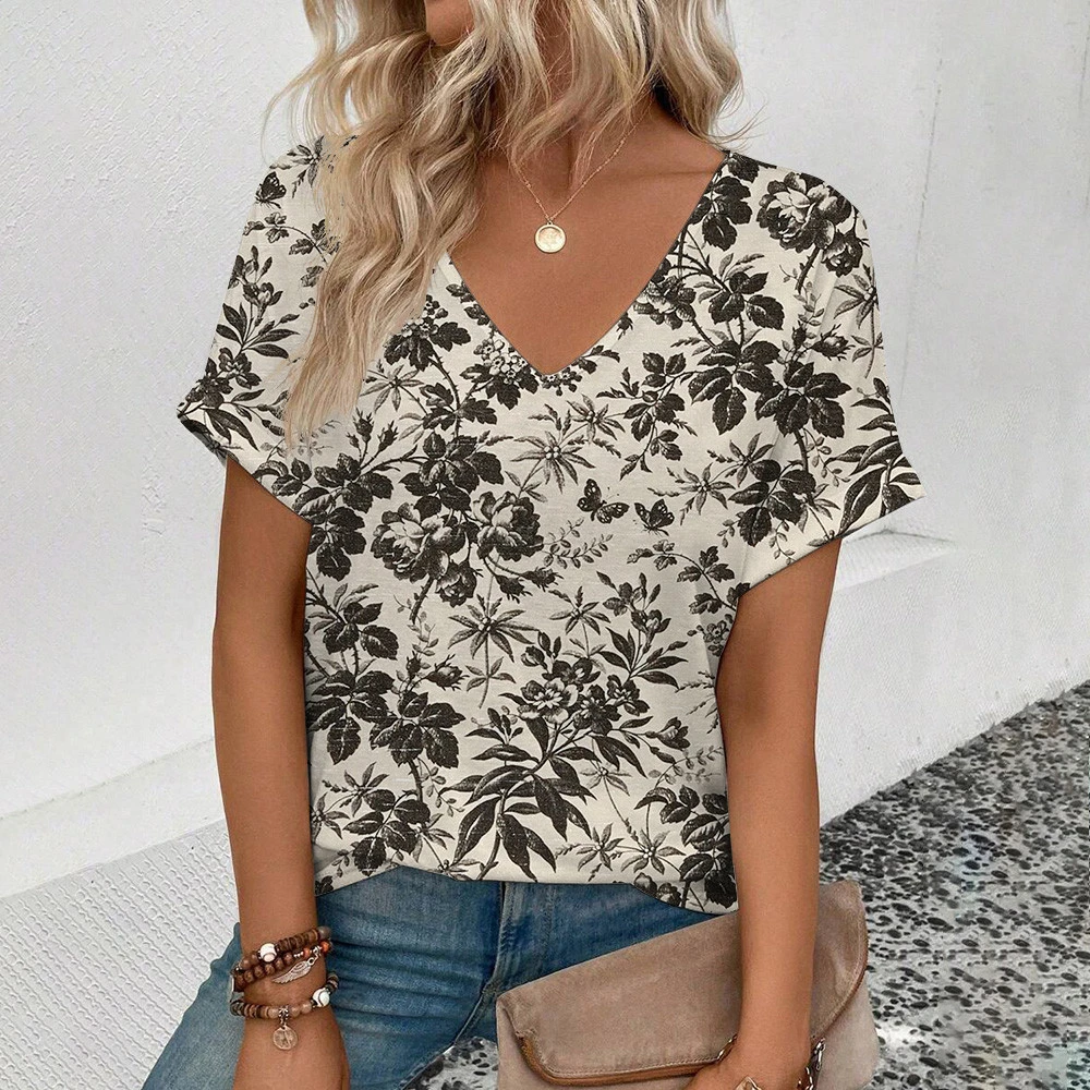 2025 Elegant and Comfortable Women's Fashion Art Flower Pattern T-Shirt Summer Leisure Lightweight Short Sleeved Clothing