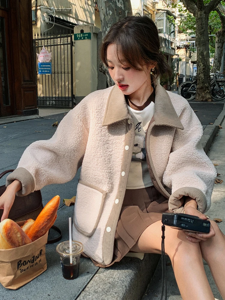 

Women's Fashion Splicing Coat Lapel Long Sleeve Loose Fake Leather Jackets 2025 Winter Pockets Streetwear Woman Outwear Wh71