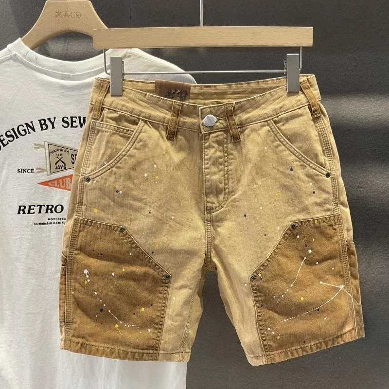 Pantaloncini di jeans larghi da uomo con tasche Pantaloni jeans corti da uomo Larghi dritti Allentati elasticizzati Tendenza 2025 Jorts Bottoni Blu Cowboy Xl