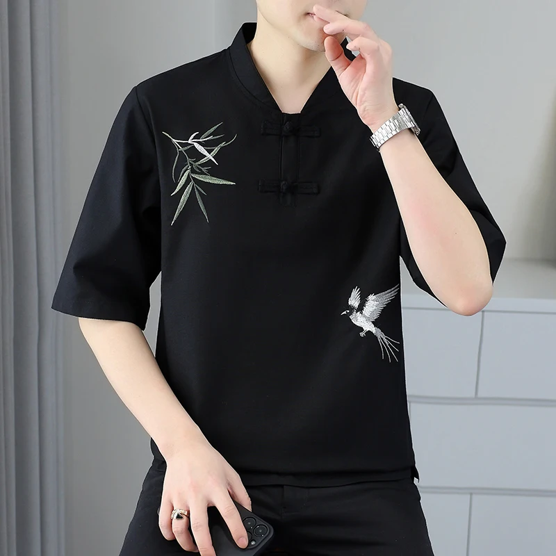 Summer New Style Men's Traditional Chinese Embroidery Loose Round-neck Short-sleeved