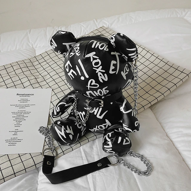 Urocze torebki crossbody z kreskówkami dla kobiet 2026 Nowe graffiti Hip Hop Torba na ramię Damska skórzana modna torba z miękką pluszową misieczką