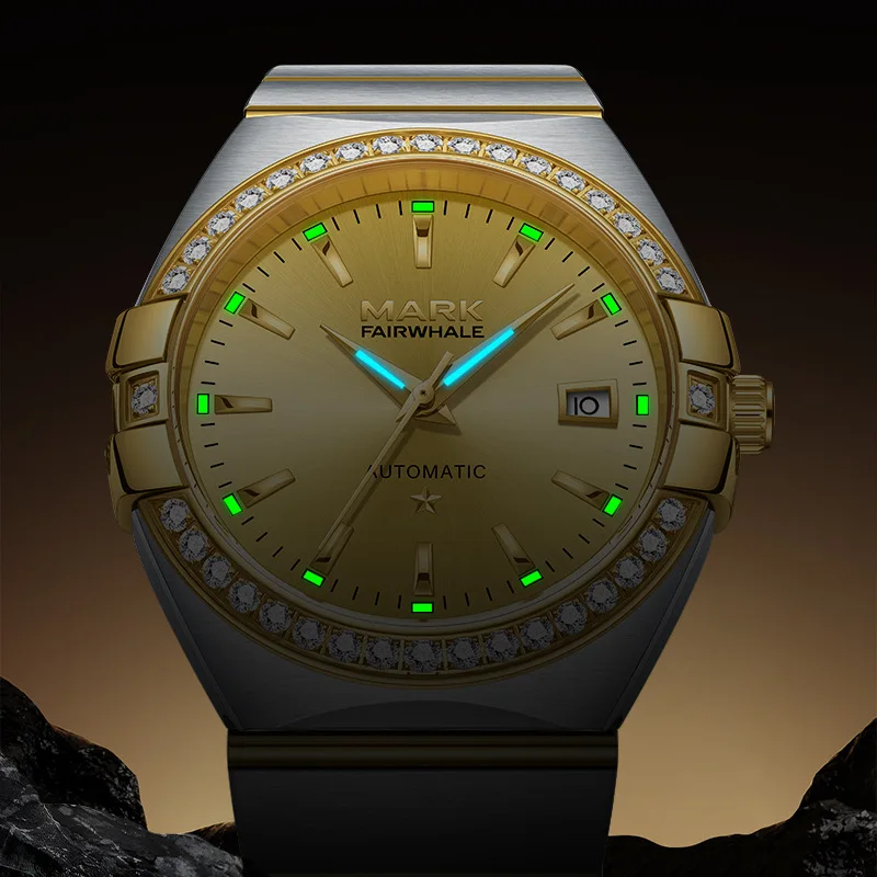Mark Fairwhale 高級自動巻きメンズウォッチ ステンレススチール ビジネス ドレス腕時計 ファッション ダイヤモンド 機械式デザイン用
