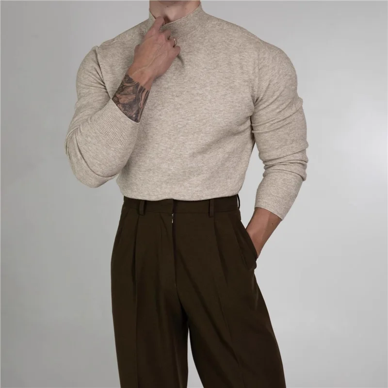 Korean Style Autumn Winter New Men Half High Collar Long Sleeve Slim Solid Color Knitted Sweatshirts Male Undershirts Clothes