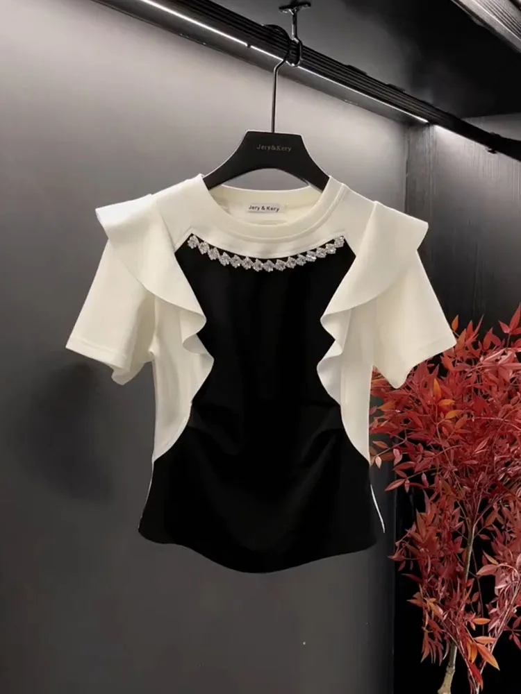 Fashion Ruffles Stitching 3D Rhinestone Chain T-shirt 2024 Summer New Round Neck Pullover Short Sleeve TshirtS Women's Top