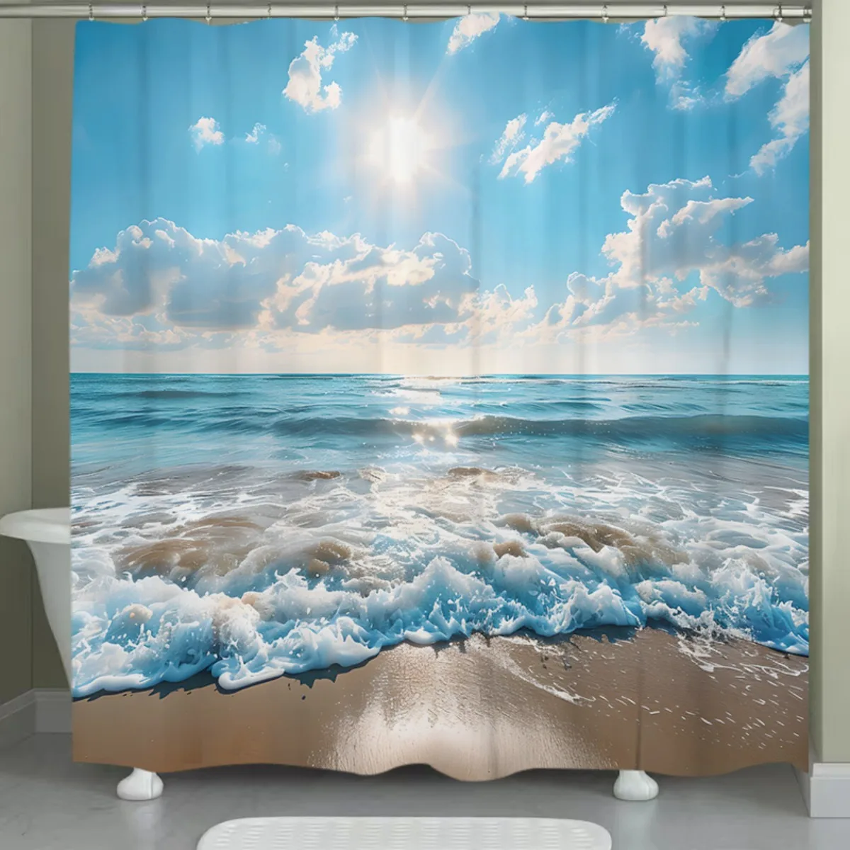 

Sunny Beach Waves Shower Curtain Polyester Washable with 12 Hooks for Bathroom Decor