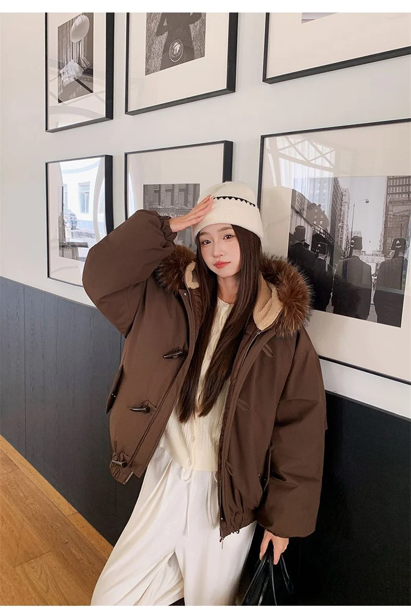 Warm Down jacket Ladies Pai Overcome Winter 2026 New Cotton Padded Coat Women Parkas Horn Hooded Outcoat Big fur collar Overcoat