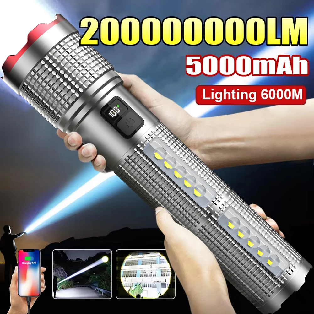 Linterna LED potente de 5000 MAH, lámpara recargable, luz lateral, linterna táctica impermeable, antorcha de mano para acampar al aire libre y senderismo