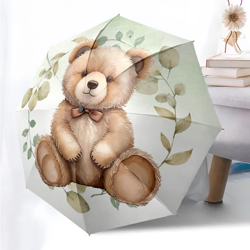 

Складной зонт с милым медвежьим узором, модный, с автоматическим открытием, 8, железные ребрышки, пластиковая ручка, складной солнцезащитный козырек, идеальные рождественские подарки