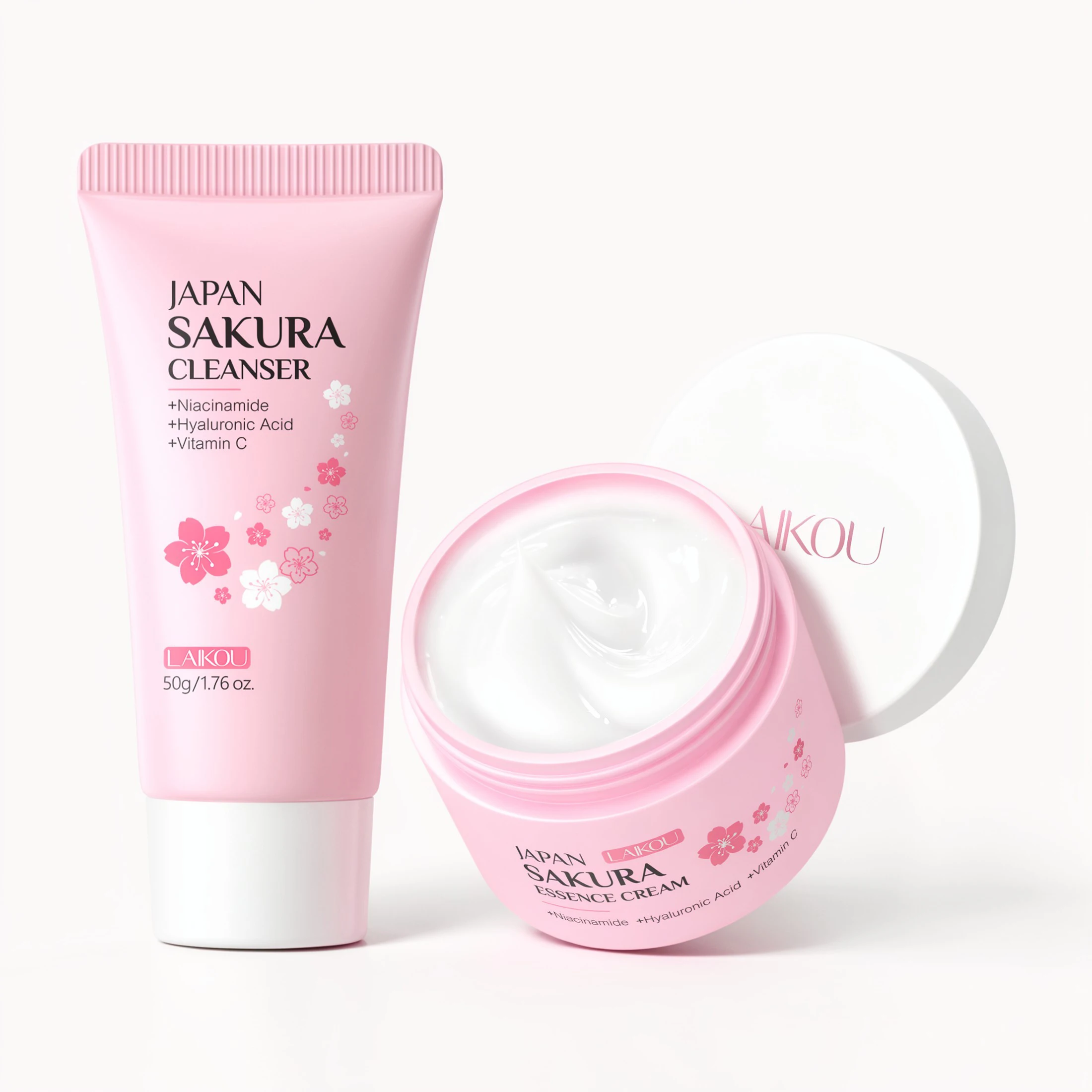 LAIKOU Japan Sakura Skin Care Set, Brightening Facial Cleanser 50g & Sakura Essence Moisturizing Cream 50g Hydrating Facial Kit