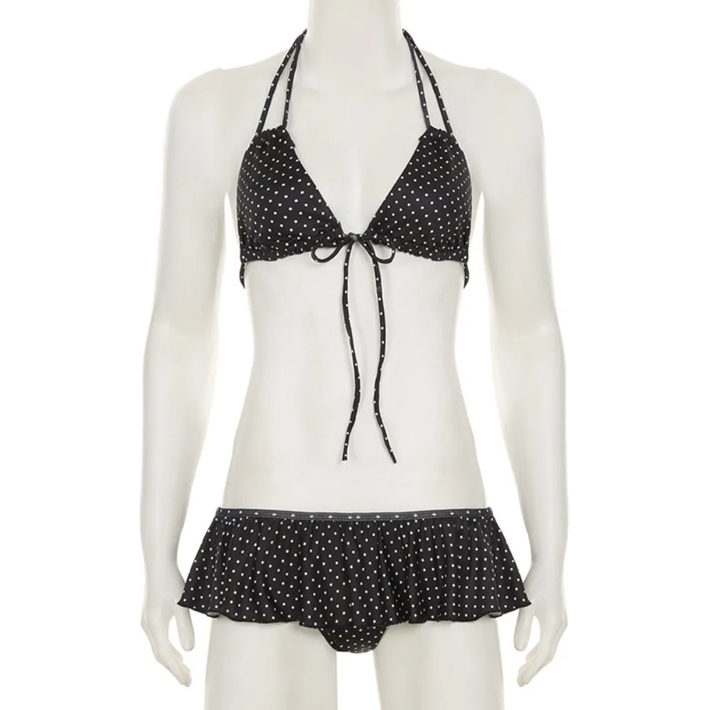 Maillot de bain à volants, coupe cintrée, décolleté en V profond, ensemble à lacets, col licou, à pois, pour piscine