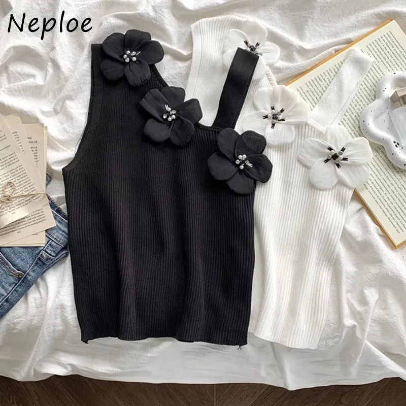 Neploe Vintage 3D Flower Off Shoulder Camisole Tops Y2k Sexy Irregular Slim Fit Bottoming Tank Top 2024 Summer New Knitted Vest