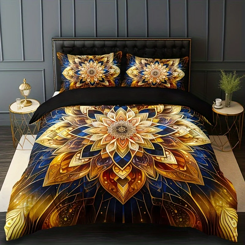 

Golden Mandala Floral 3-Piece Duvet Cover Set with 2 Pillowcases - Breathable Polyester, All-Season Amazing Theme Floral
