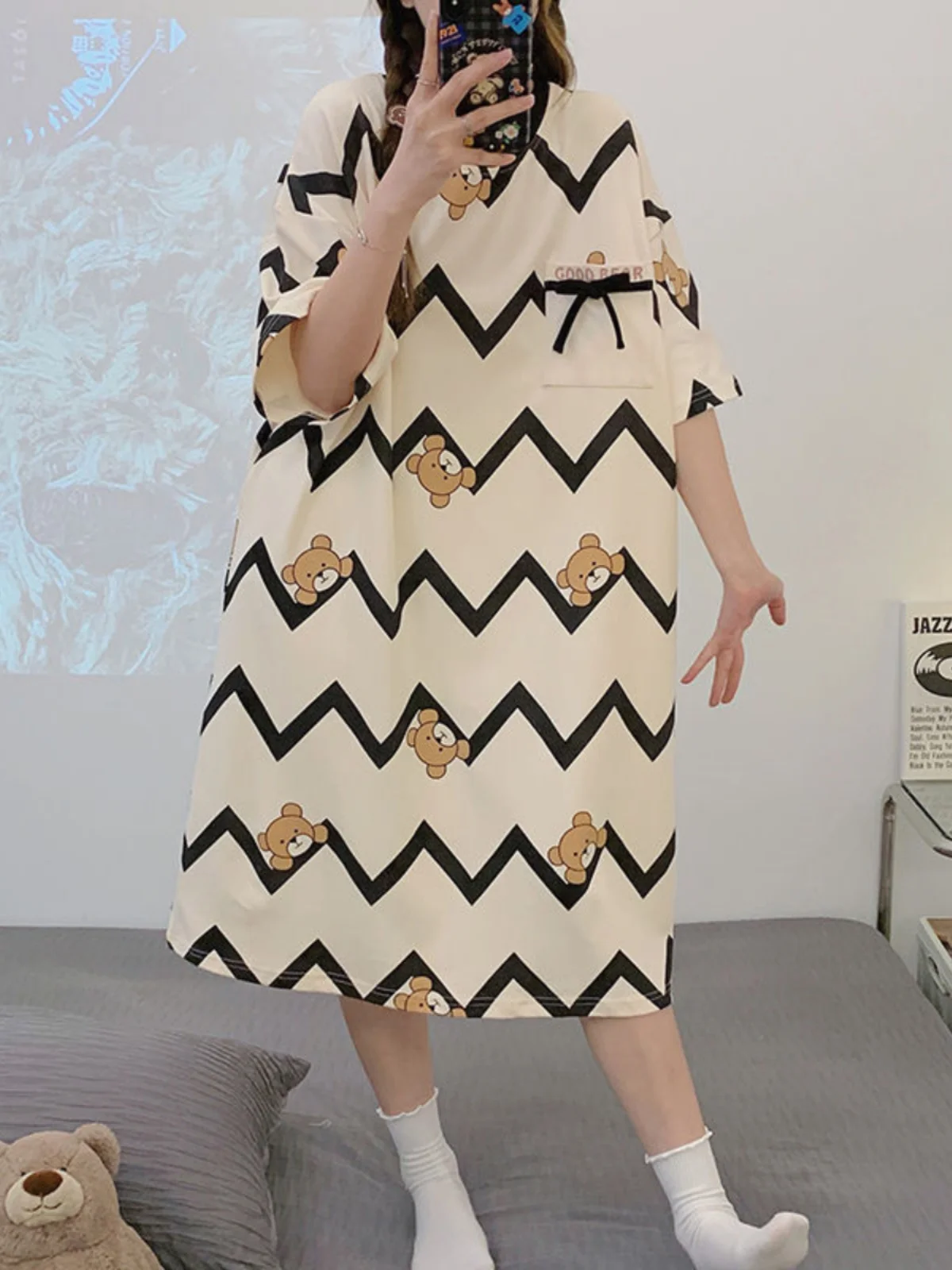 

plus Size Women's Home Clothes Dress Loose Long Sleeve Short Dress Knee-Length Casual Summer Print round Neck Home Dress