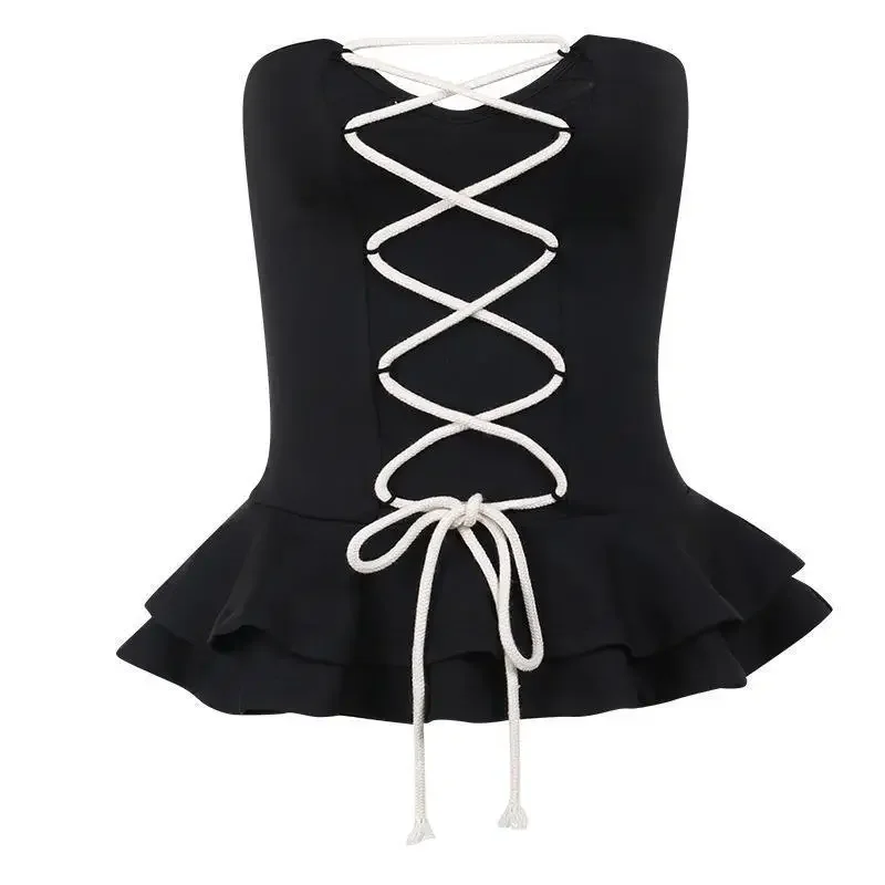 2024 Summer New Street Sexy Spicy Girl Open Back Slim Fit Cotton Rope Cross Tie Waist Tie Bra Black Top y2k clothes  CSM56XY