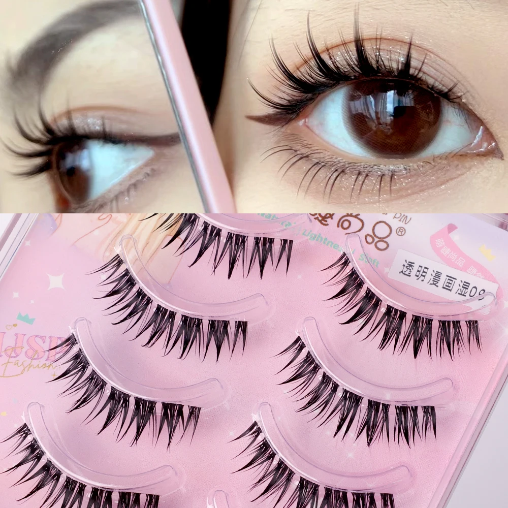 4Pairs Natural Manga False Eyelashes Reusable Transparent Black Stem Eyelash Cosplay Korean Fashion Wispy Extension Makeup Tools