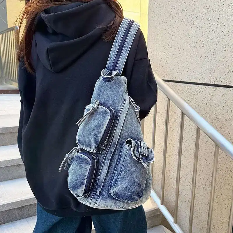 Nowy modny plecak dżinsowy w stylu vintage, kobieca spersonalizowana torba na ramię z wieloma kieszeniami, modny plecak na co dzień — zdjęcie 7