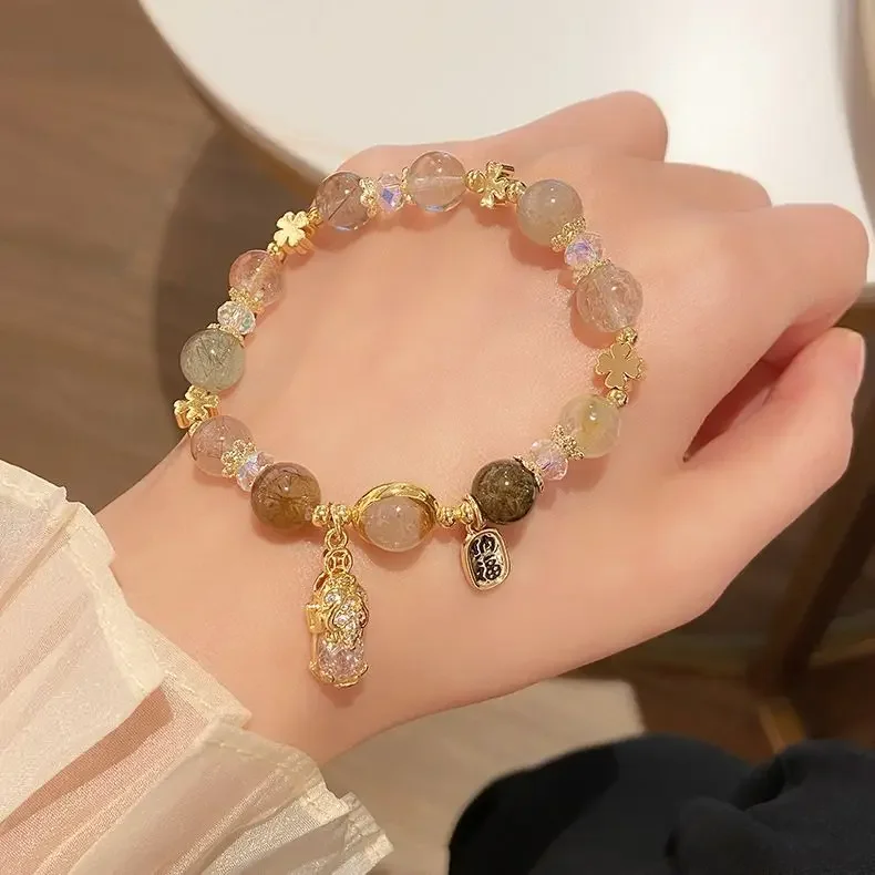 

2025 New Golden Crystal Lucky Nafu Citrine Bracelet Pixiu Gold-swallowing Beast Wealth Little Overlord Fortune Stone Hand String