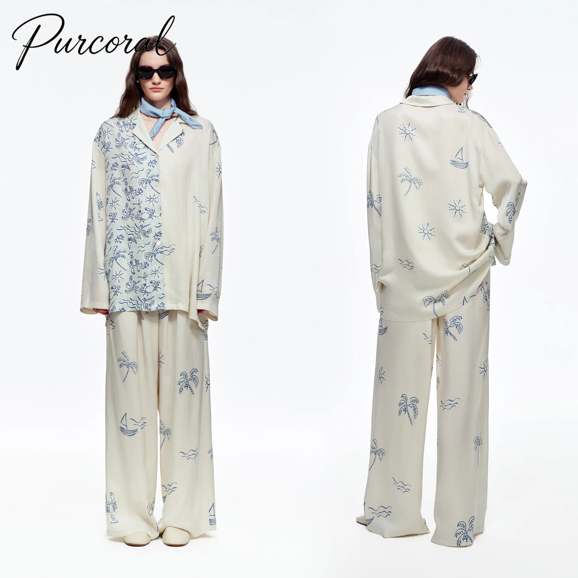2026 New 100% VISCOSE Women Print Satin Pajama Set Lapel Long Sleeve Wide Leg Pants 2Pcs Ladies Casual Sleepwear Loungewear