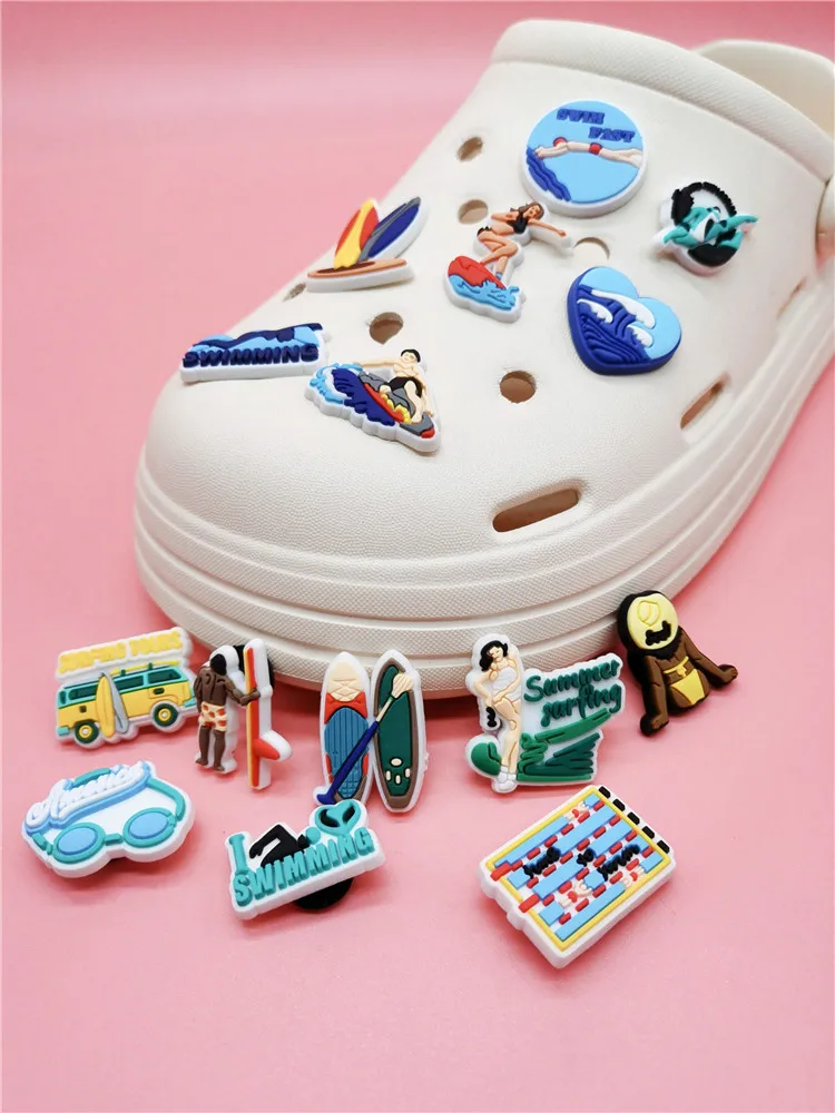 Novelty Beach Vacation Swimming Surfing Shoe Charms Decorations PVC Buckle Decor Diy Clog Shoes Accessories For Women Kids Gifts