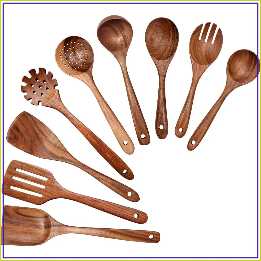 

9-Piece Teak Wooden Spoons Set for Cooking, Lightweight & Heat-Resistant, Non-Stick Cookware Safe