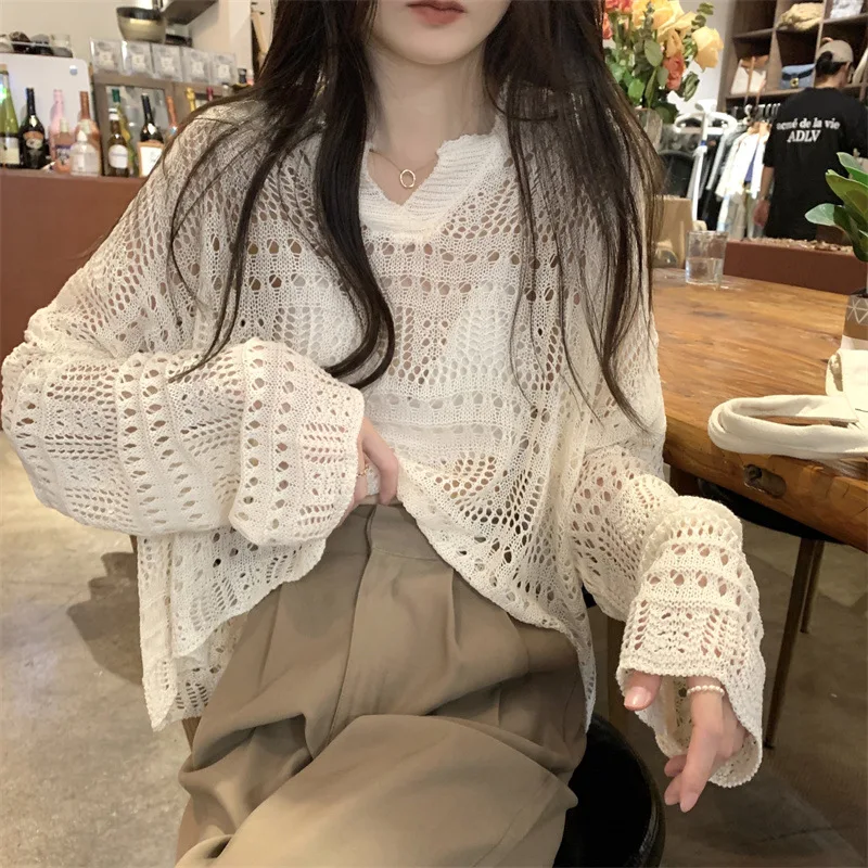 

Lazy Style Pull Femme Knitwears Sweaters Knit Shirt For Women Spring Autumn Hollowed Out Top Sexy Long Sleeve Pullovers Sweater