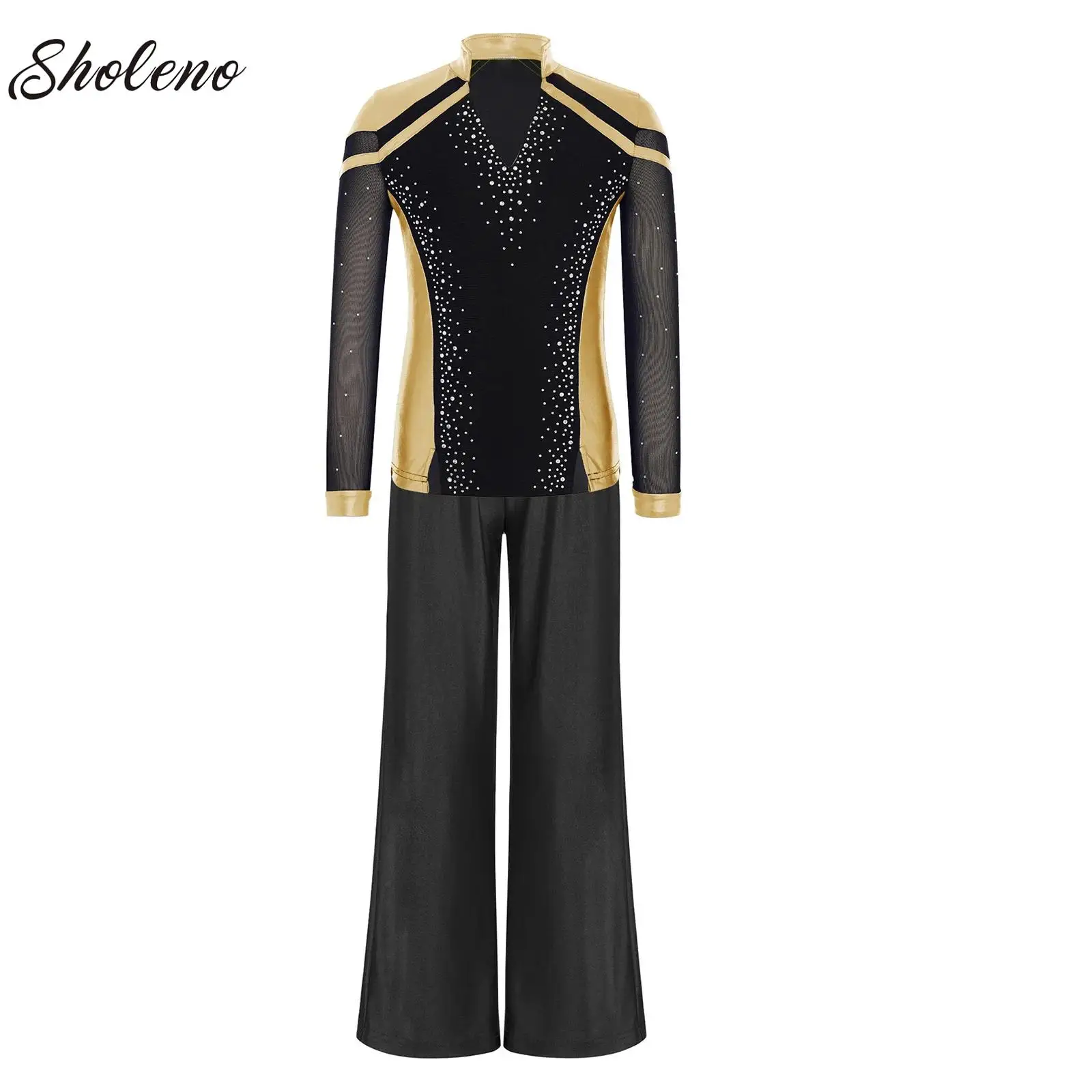 

Kids Boys Dance Suit Figure Ice Skating Gymnastic Costume Outfit Long Sleeve Metallic Top with Pants Practice Training Dancewear