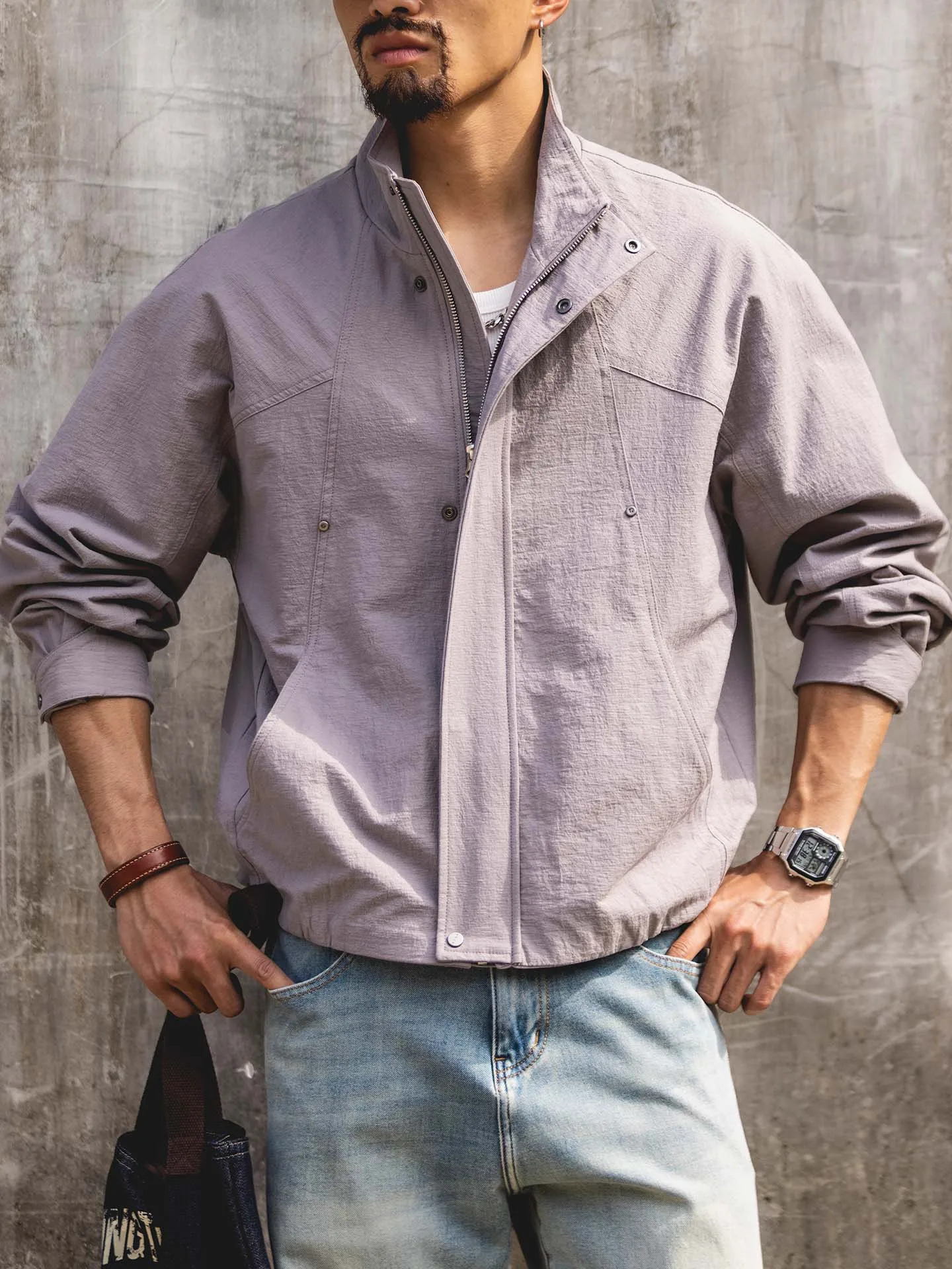 

American Style Stand Collar Jacket Men's Spring 2026 Large Size Thin Zipper Top Casual Short Outerwear for Daily Commuting