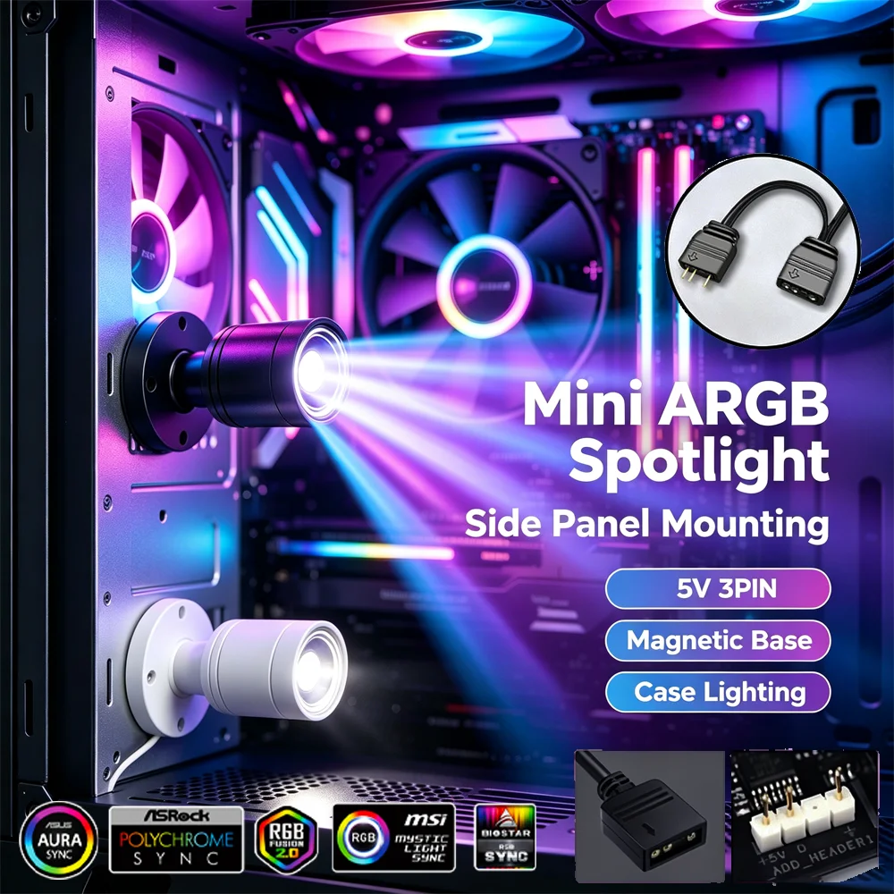 Mini Spotlight ARGB 5V 3PIN com Sincronização Aura para Placa-Mãe, Luz LED de Ângulo para Montagem em Superfície de Teto para Iluminação de Mesa Gamer e Gabinete de PC