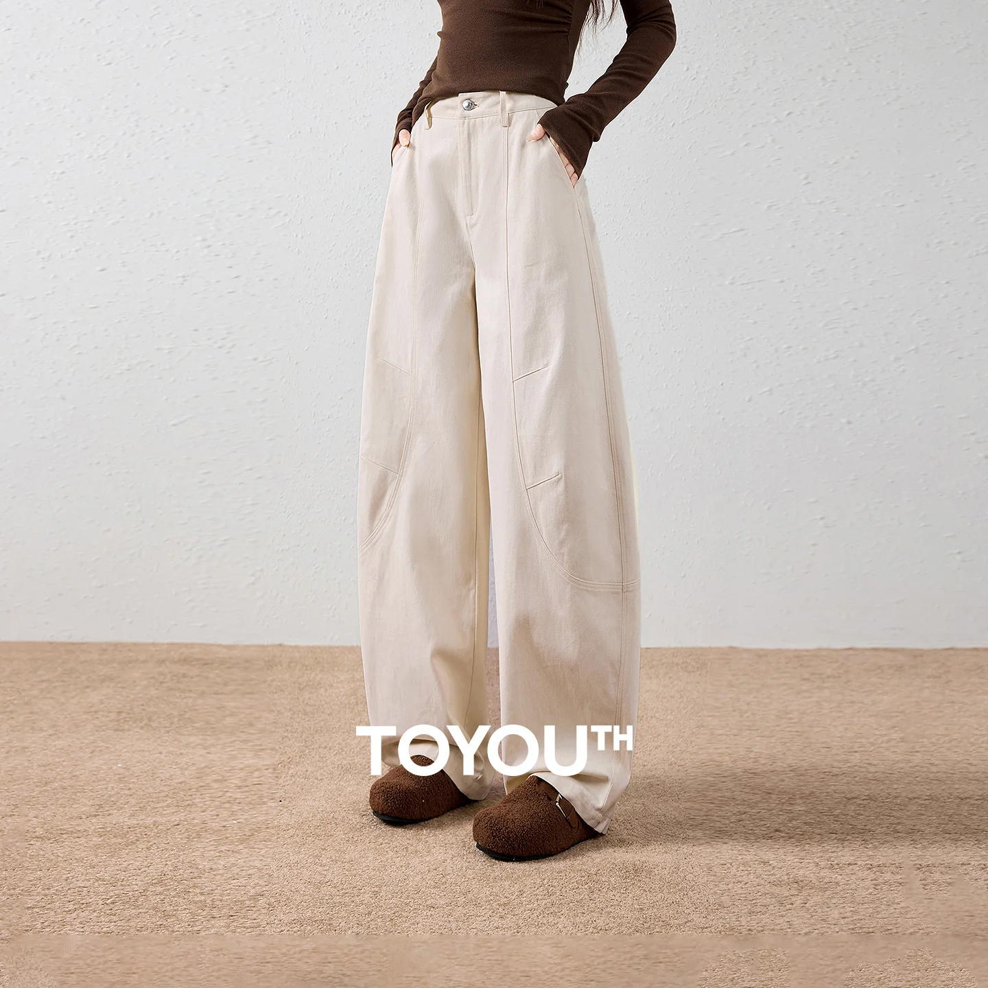 TOYOUTH Women Casual Pants 2026 Winter New High Waist Pure Cotton American Vintage Cargo Curved Pants Hip Cover Slim Fit