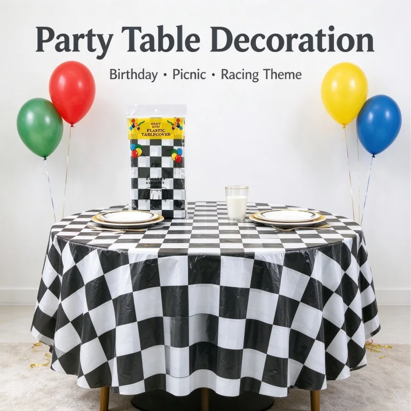 84 Inch Round Black White Checkered Plastic Tablecloth, Heavy Duty Disposable & Reusable Table Cover for Party Picnic Dining Tab