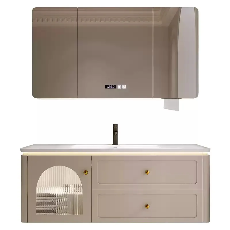 

French white bathroom vanity with single sink and multiple drawers for storage