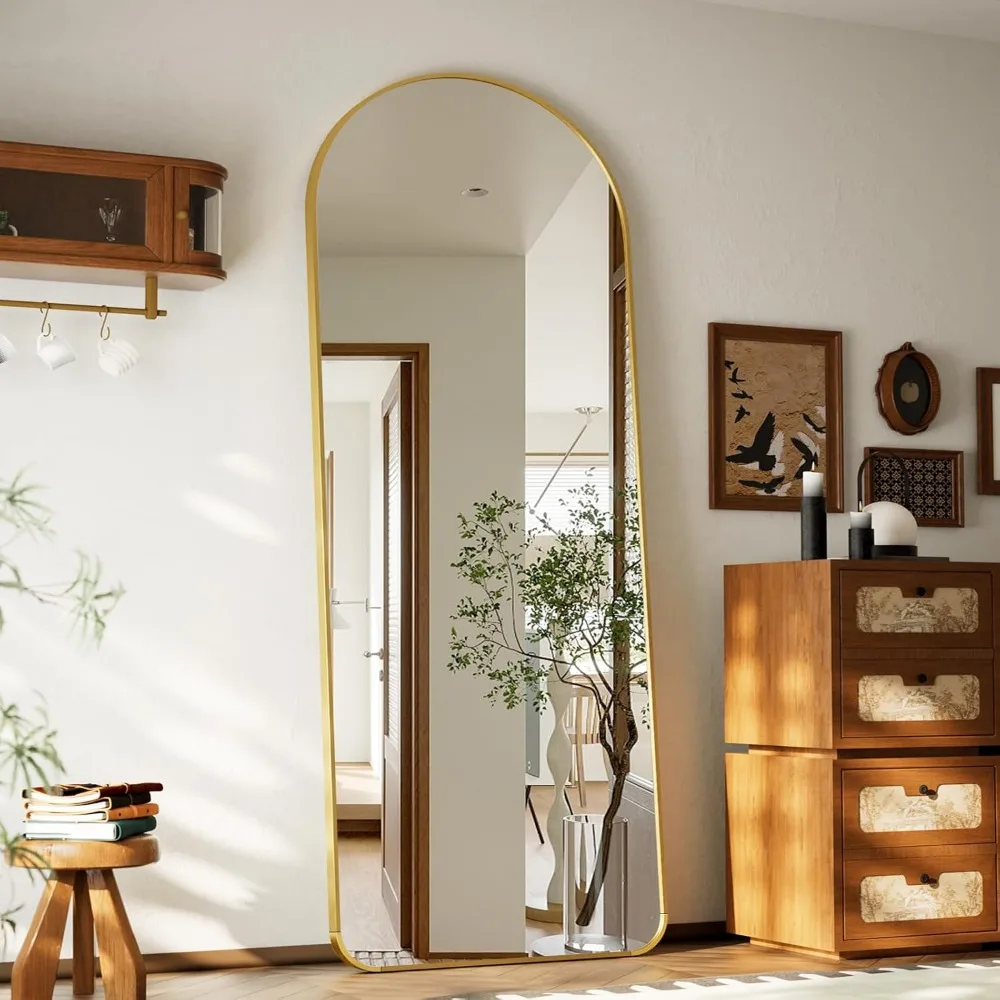 Gewölbter Bodenspiegel in voller Länge, 65 x 24 Zoll, Aluminiumrahmen, Wand- oder Bodenmontage, großer Körperspiegel