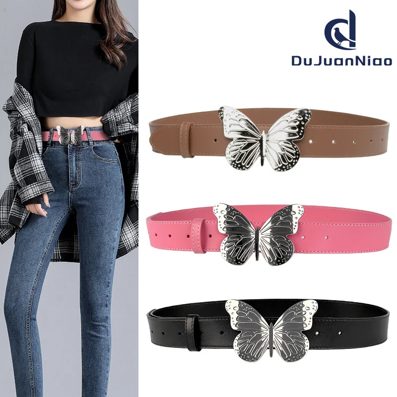 

100% genuine real leather Genuine women's wide waistband trendy inset style large butterfly decorative belt paired with jeans, s