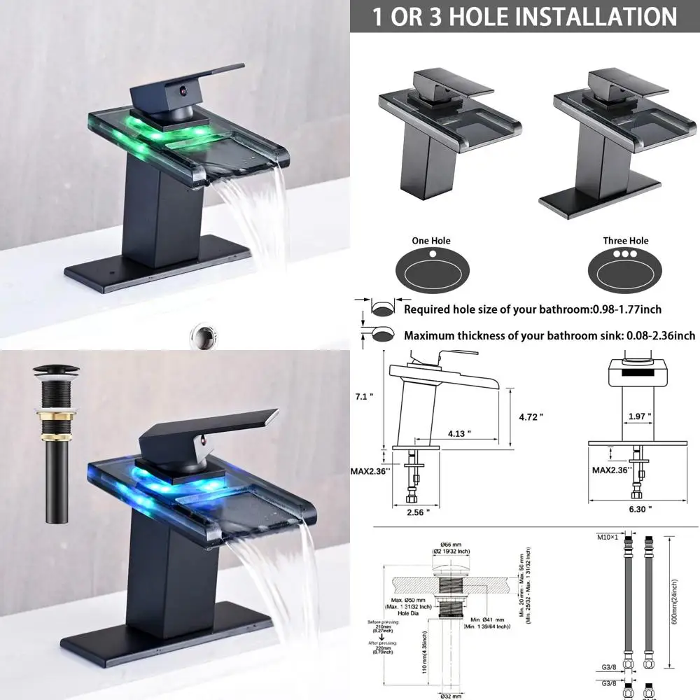 

Matte Black Single-Handle Waterfall Faucet with Pop-Up Drain for 1-Hole Bathroom Sinks, Includes 2 Supply Lines and Open Glass S
