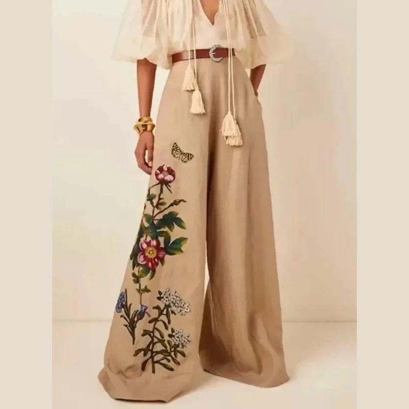 Women's Wide Leg Pants With Belted 2025 Spring Summer Floral Printed Loose Vintage High Waisted Casual Trousers for Urban Woman