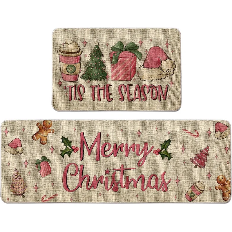 

Christmas Pink Kitchen Carpet 2-piece Set Season Winter Farmhouse Party Decoration Home Door Mat 20inX31in 18inX47in