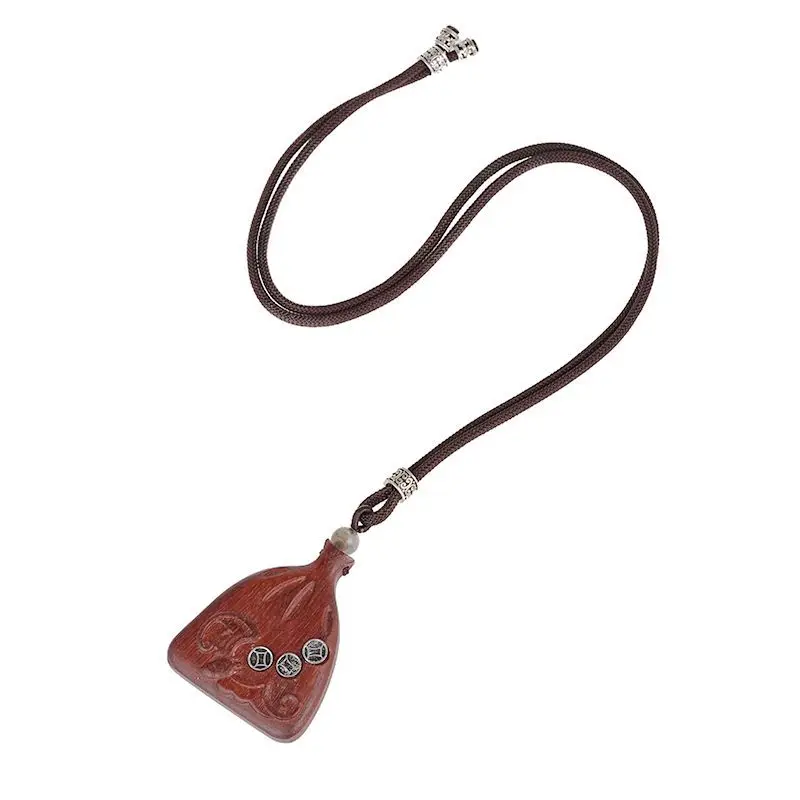 Handcrafted Natural Sandalwood Fortune Pouch Pendant Bohemian Style Adjustable Layering Necklace for Women Linen Blend Cord