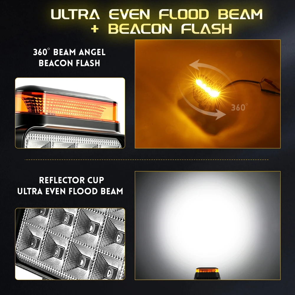 HL 4 Inch Square LED Work Light With Amber Strobe Beacon Flash Warning Light Flood Driving Lamp For Farm Machinery off-road use