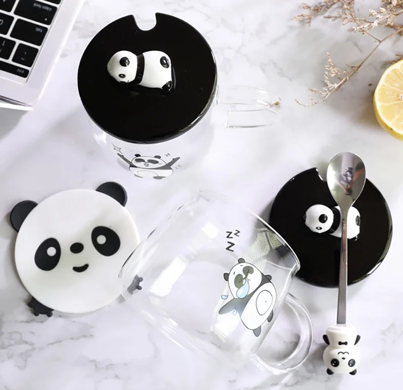 500ml Creative Heat-resistant glass mug with lid borosilicate glass cartoon panda mug milk breakfast coffee cup home